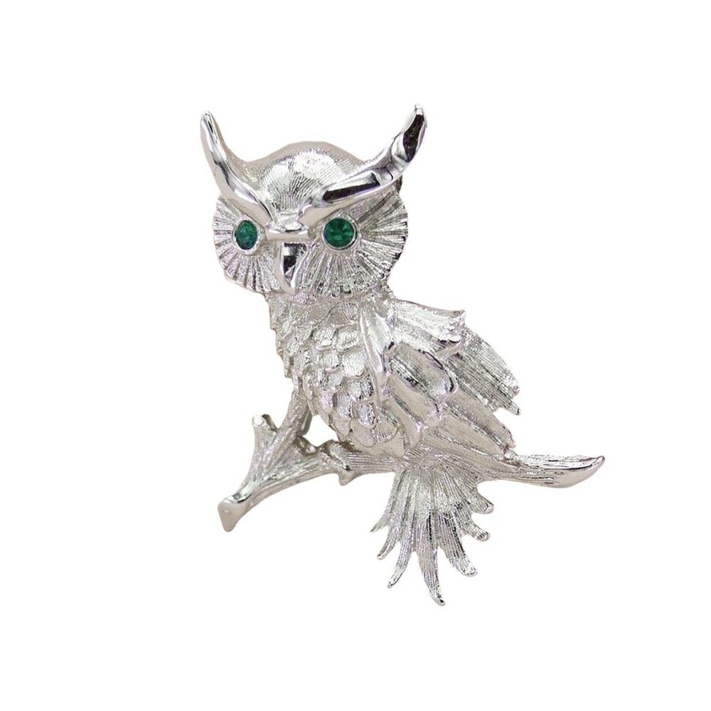 Vintage Monet Figural Green Eye Rhinestone Owl Brooch Silver Plated Figural Pin,